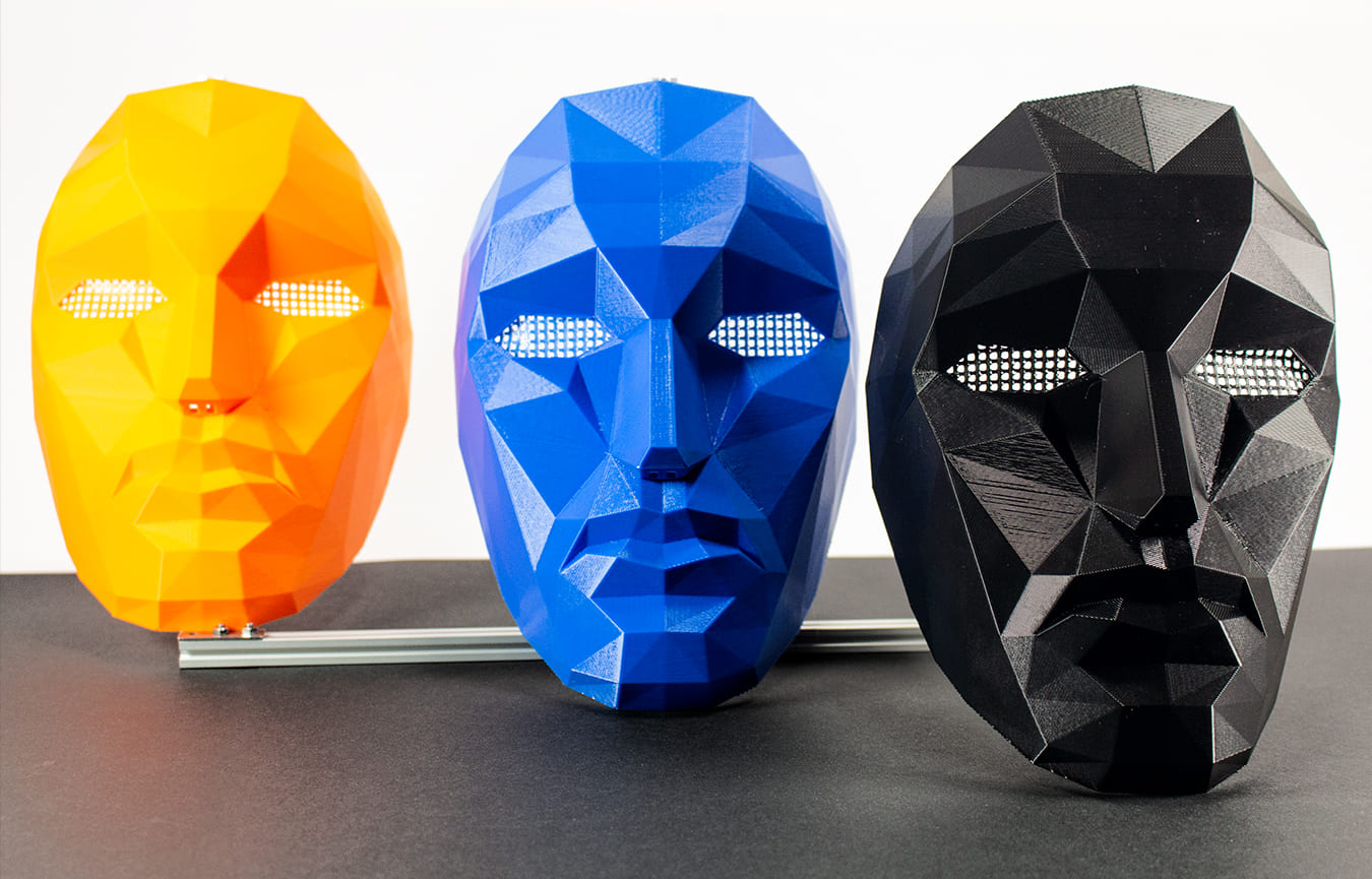 Frontman masks in balck orange and blue colours